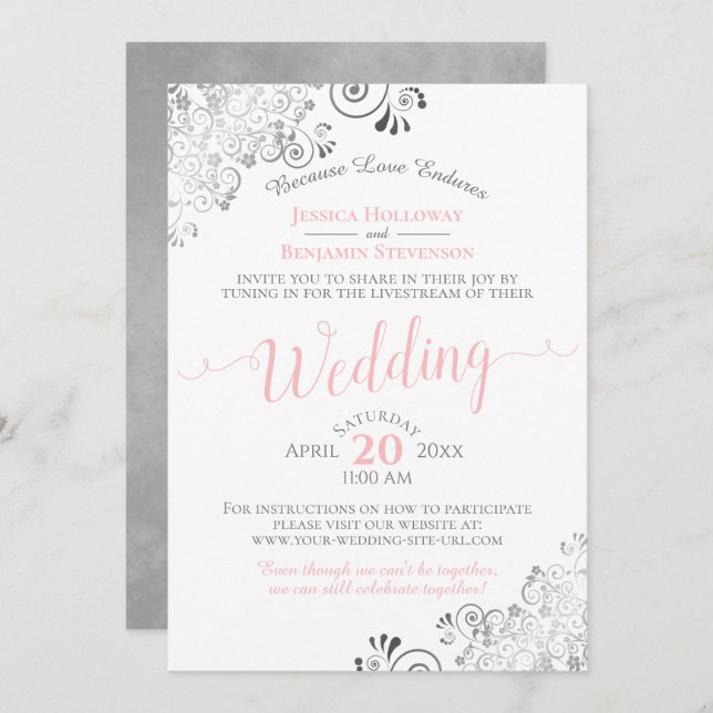 Elegant Pink & Grey Virtual Wedding Livestream Invitation (Front/Back)
