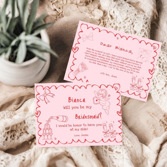 Elegant pink Hand Drawn Bridesmaid Proposal Card (Creator Uploaded)