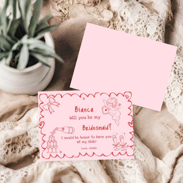  Elegant Pink  Hand Drawn Bridesmaid Proposal Card (Creator Uploaded)