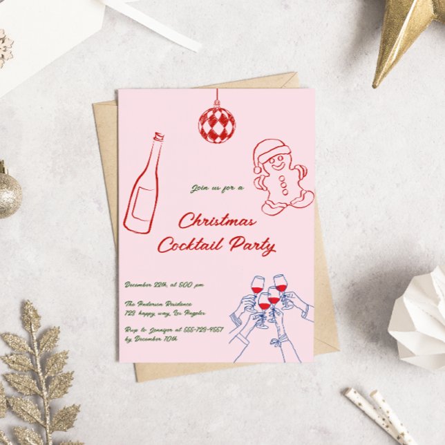 Elegant Pink Hand Drawn Christmas Cocktail Party Invitation (Creator Uploaded)