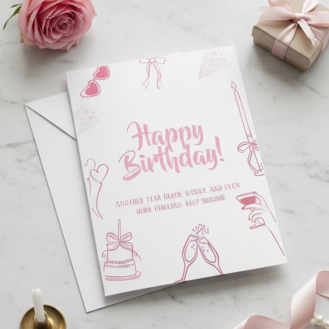 Elegant Pink Happy Birthday Sketch Card (Creator Uploaded)