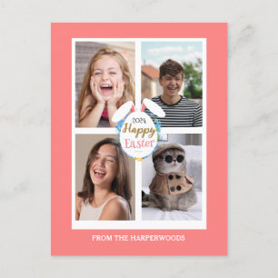 Elegant Pink happy Easter Ears Eggs Family photo Holiday Postcard