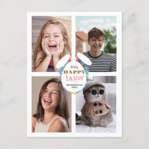 Elegant Pink happy Easter Ears Eggs Family photo Holiday Postcard