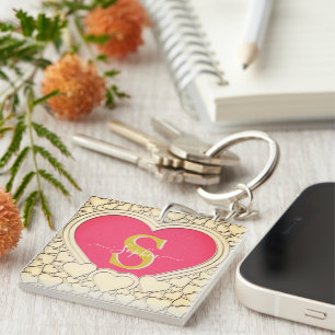 Elegant Pink Heart  and Initial, Name Stylish Key Ring