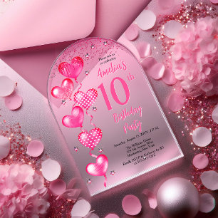 Elegant Pink Heart Balloons 10th Birthday Party Acrylic Invitations