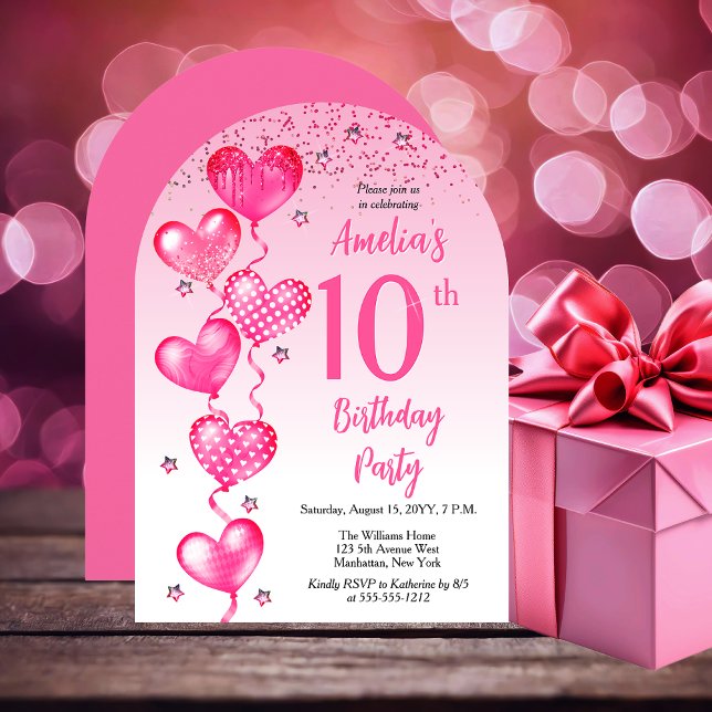 Elegant Pink Heart Balloons 10th Birthday Party Invitation (Elegant Pink Heart Balloons 10th Birthday Party Arched Invitation)