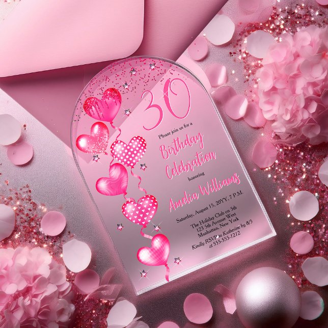 Elegant Pink Heart Balloons 30th Birthday Party Acrylic Invitations (Elegant Pink Heart Balloons "30" 30th Birthday Party Arched Acrylic Invitation)
