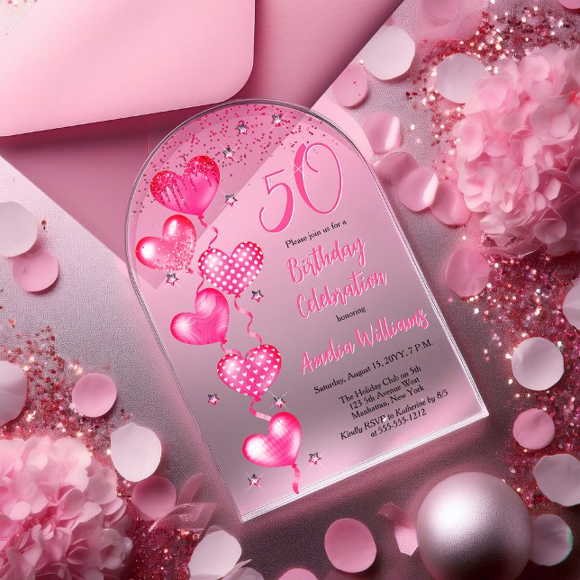 Elegant Pink Heart Balloons 50th Birthday Party Acrylic Invitations (Elegant Pink Heart Balloons "50" 50th Birthday Party Arched Acrylic Invitation)
