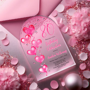 Elegant Pink Heart Balloons 80th Birthday Party Acrylic Invitations