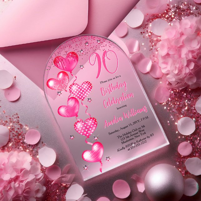 Elegant Pink Heart Balloons 90th Birthday Party Acrylic Invitations (Elegant Pink Heart Balloons "90" 90th Birthday Party Arched Acrylic Invitation)