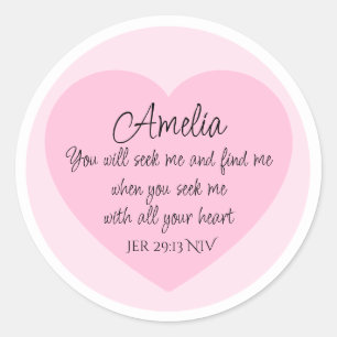 Elegant Pink Heart Bible Verse Christian Faith Classic Round Sticker