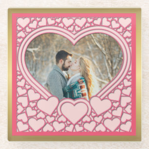 Elegant Pink Heart Happy Valentine's Day Stylish Glass Coaster