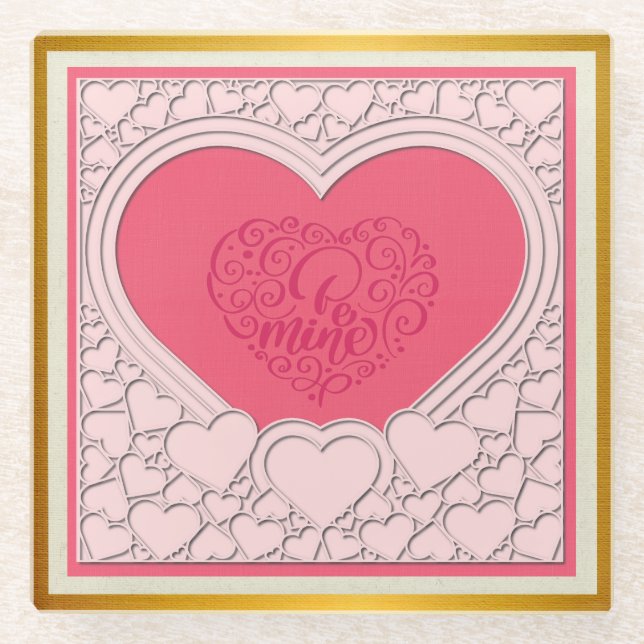 Elegant Pink Heart Happy Valentine's Day Stylish Glass Coaster (Front)
