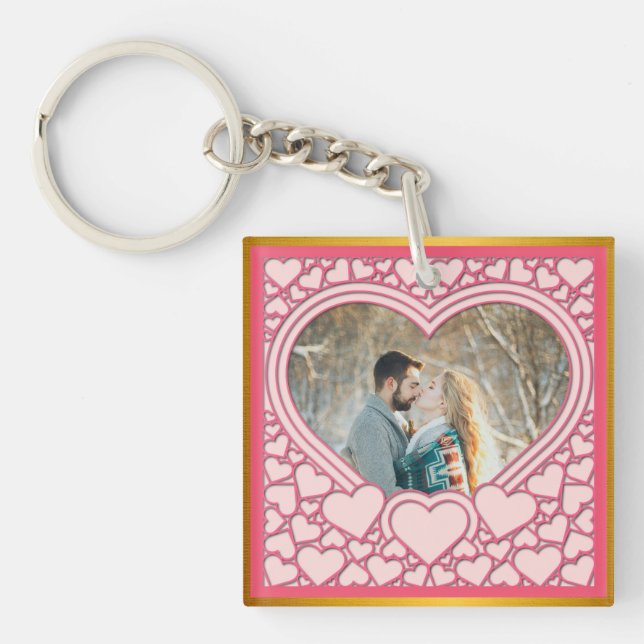 Elegant Pink Heart Happy Valentine's Day Stylish Key Ring (Front)