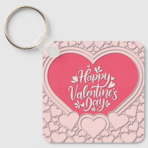 Elegant Pink Heart Happy Valentine's Day Stylish Key Ring