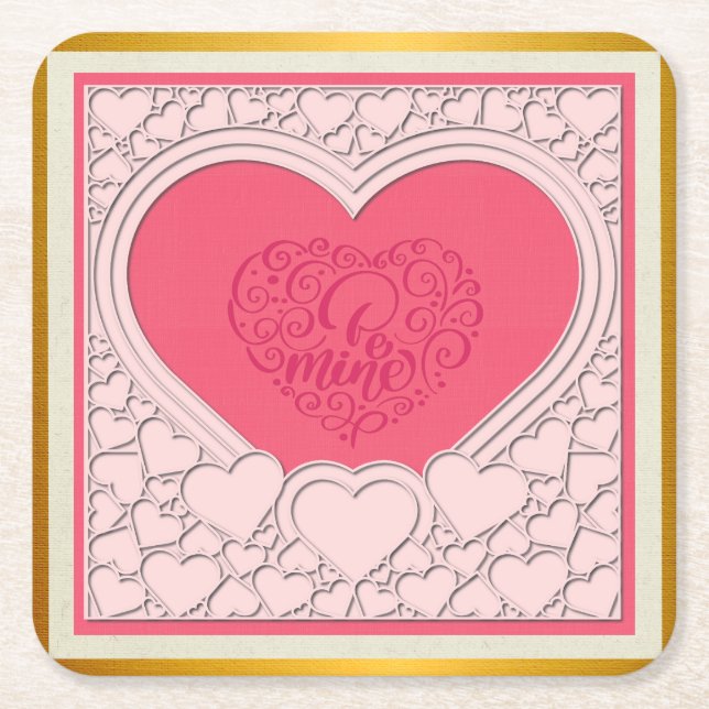 Elegant Pink Heart Happy Valentine's Day Stylish Square Paper Coaster (Front)