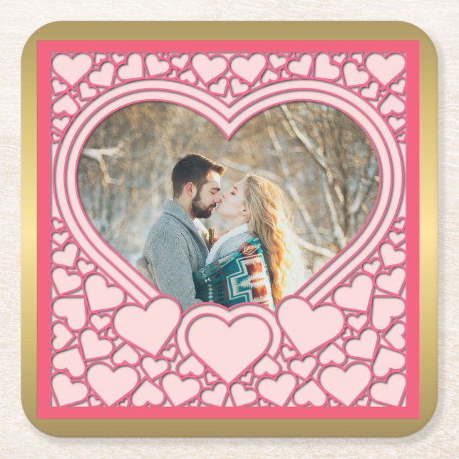 Elegant Pink Heart Happy Valentine's Day Stylish Square Paper Coaster (Front)