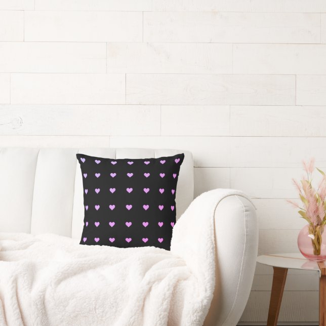 Elegant Pink Hearts on Black Pillow, Romantic Pink Cushion (Couch)