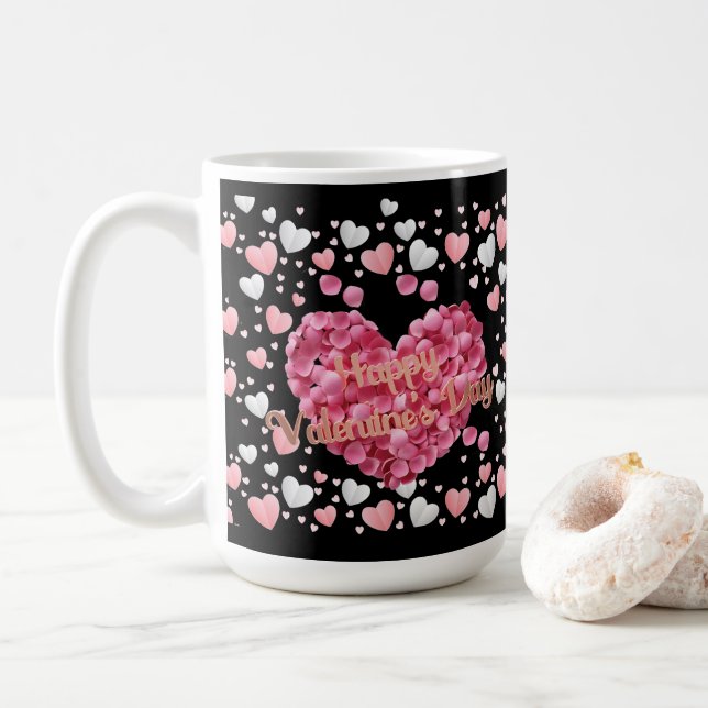 Elegant Pink Hearts Valentine's Day Coffee Mug (With Donut)