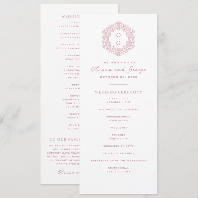 Elegant Pink Heirloom Wedding Program (Front/Back)