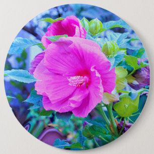 Elegant Pink Hibiscus Flower with Aqua Foliage 6 Cm Round Badge