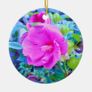 Elegant Pink Hibiscus Flower with Aqua Foliage Ceramic Ornament