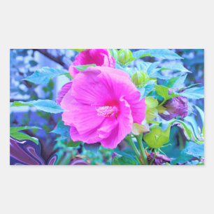 Elegant Pink Hibiscus Flower with Aqua Foliage Rectangular Sticker