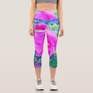 Elegant Pink Hibiscus with Wavy Blue Foliage Capri Leggings