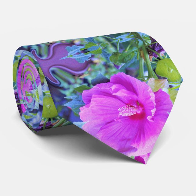 Elegant Pink Hibiscus with Wavy Blue Foliage Tie (Rolled)