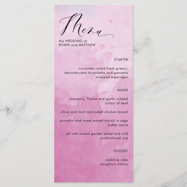 Elegant Pink Hues Watercolor Wedding Menu (Front)