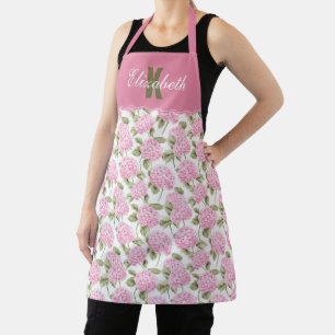 Elegant Pink Hydragea Flowers Pattern Monogram Apron