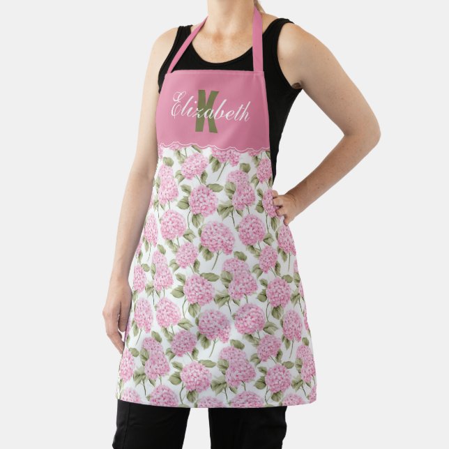 Elegant Pink Hydragea Flowers Pattern Monogram Apron (Insitu)