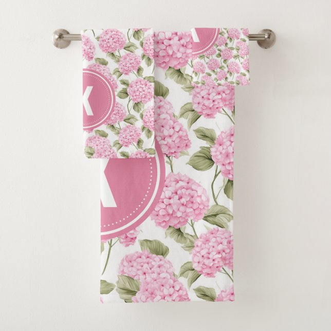 Elegant Pink Hydragea Flowers Pattern Monogram Bath Towel Set (Insitu)