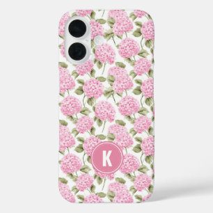 Elegant Pink Hydragea Flowers Pattern Monogram iPhone 16 Case