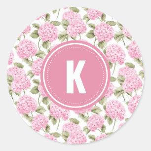 Elegant Pink Hydragea Flowers Pattern Monogram Classic Round Sticker