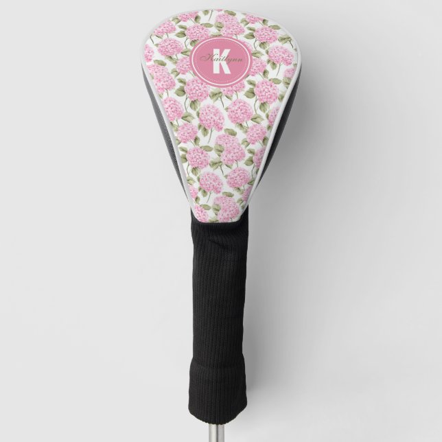 Elegant Pink Hydragea Flowers Pattern Monogram Golf Head Cover (Front)