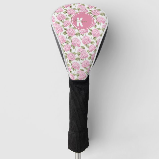 Elegant Pink Hydragea Flowers Pattern Monogram Golf Head Cover (Front)