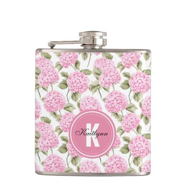 Elegant Pink Hydragea Flowers Pattern Monogram Hip Flask (Front)