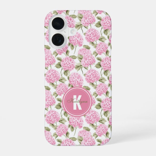Elegant Pink Hydragea Flowers Pattern Monogram iPhone 16 Case (Back)