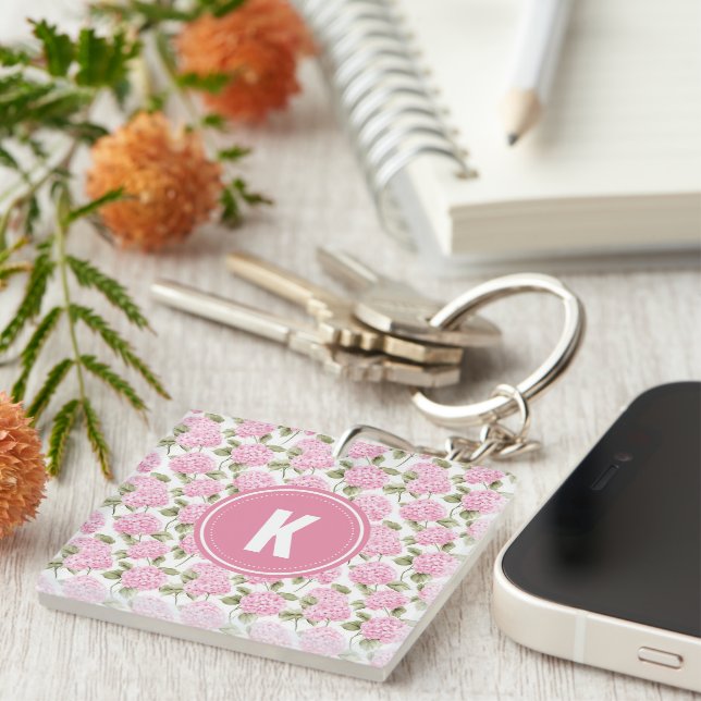 Elegant Pink Hydragea Flowers Pattern Monogram Key Ring (Front Right)