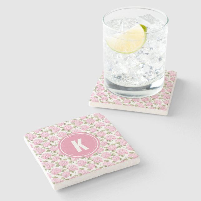 Elegant Pink Hydragea Flowers Pattern Monogram Stone Coaster (Side)