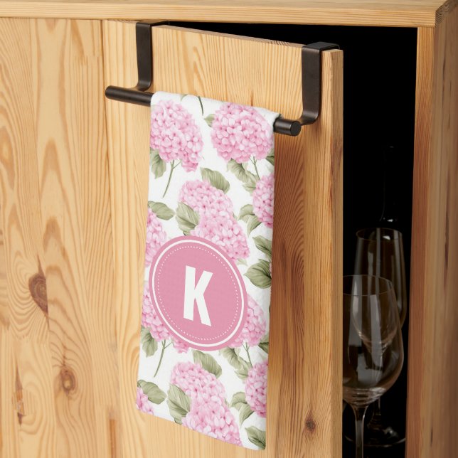 Elegant Pink Hydragea Flowers Pattern Monogram Tea Towel (Thirds Fold)