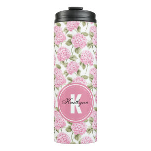 Elegant Pink Hydragea Flowers Pattern Monogram Thermal Tumbler
