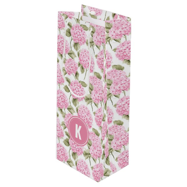 Elegant Pink Hydragea Flowers Pattern Monogram Wine Gift Bag (Front Angled)