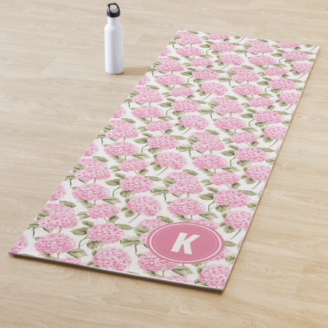 Elegant Pink Hydragea Flowers Pattern Monogram Yoga Mat (In Situ)
