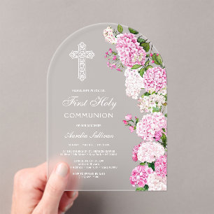 Elegant Pink Hydrangea Arch First Communion Acrylic Invitations