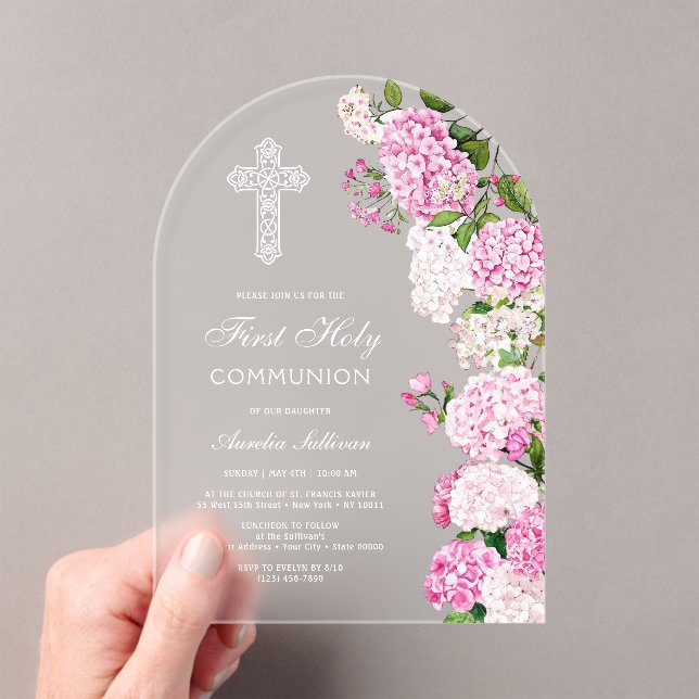 Elegant Pink Hydrangea Arch First Communion Acrylic Invitations (Insitu (Handheld))