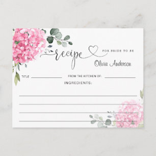 Elegant Pink Hydrangea Bridal Shower Recipe Card