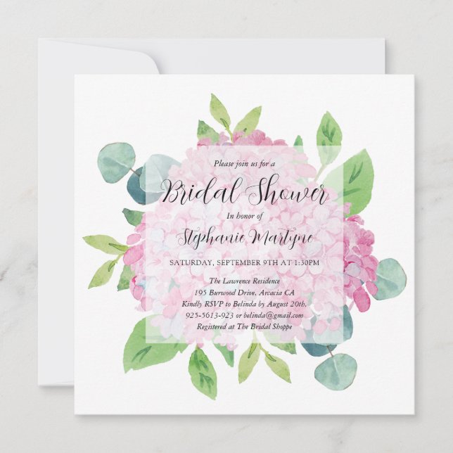 Elegant Pink Hydrangea Eucalyptus Bridal Shower Invitation (Front)