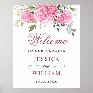 Elegant Pink Hydrangea Eucalyptus Wedding Welcome Poster